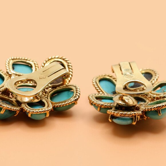 Vintage 18K Gold Family Heirloom Turquoise Diamond Clip On Earrings - Picture 12 of 16